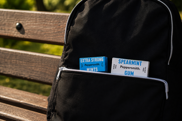 Backpack with Peppersmith gum and mints inside