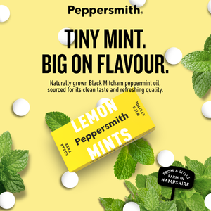 A yellow Peppersmith 'Lemon Peppersmith Mints' box is shown on a pale yellow background with scattered mint leaves and white peppermint candies. Large text reads 'TINY MINT.