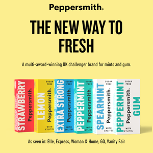 Peppersmith gum and mint promotional graphic on a pale yellow background, with the headline 'THE NEW WAY TO FRESH' and six vertical product boxes shown across the bottom in red, yellow, teal, and white.