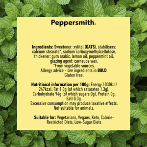 A pale yellow rectangular label with black text reading 'Peppersmith.' and product information, placed over a background of green peppermint leaves.