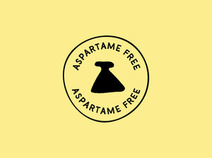 A yellow background with a black stamp 'ASPARTAME FREE'