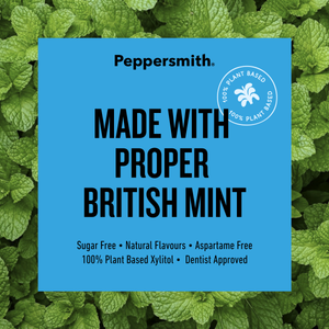 A blue square label with black text reading 'Peppersmith. MADE WITH PROPER BRITISH MINT' over a background of green mint leaves.