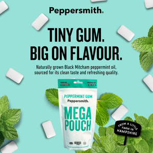 Peppersmith Peppermint Gum Mega Pouch packaging centered on a light aqua background with scattered gum pieces and mint leaves. Large text reads 'TINY GUM.
