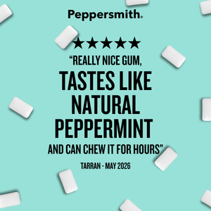 A promotional graphic for Peppersmith gum on a light aqua background, featuring bold black text with a five-star review quote and scattered white gum pieces around the edges.