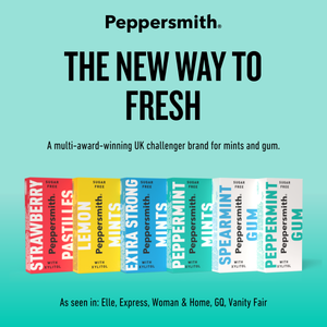 Peppersmith promotional graphic on a teal background with the headline 'THE NEW WAY TO FRESH' and a row of colorful candy packs including strawberry, lemon, mints, peppermint, spearmint, and gum flavors. Text also notes sugar free and with xylitol details.
