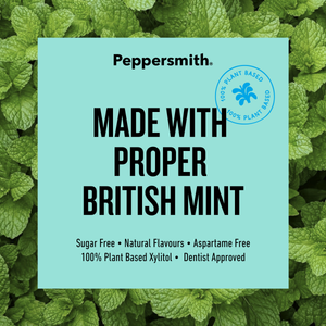 A square light aqua label with black text reading 'Peppersmith. MADE WITH PROPER BRITISH MINT' over a background of green mint leaves.