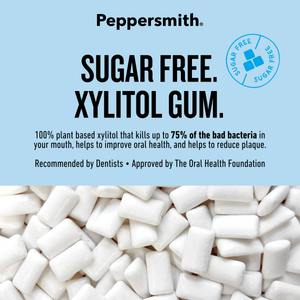 Peppersmith Sugar Free Xylitol Gum advertisement with a light blue background, bold black text, a circular sugar-free badge, and a close-up photo of white xylitol gum pieces at the bottom.