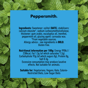 A blue information card with text about Peppersmith, set against a background of green peppermint leaves. The text lists ingredients, nutritional information per 100g, and suitability for vegetarians, vegans, keto, calorie-restricted diets, and low-sugar diets.