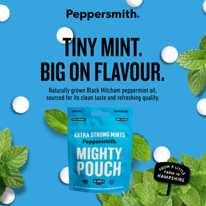 Peppersmith Mighty Pouch extra strong mint gum mints in a blue resealable pouch, set against a bright blue background with floating white mints, mint leaves, and bold promotional text.