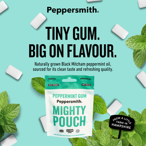 Peppersmith Mighty Pouch peppermint gum packaging on a light aqua background with scattered white gum pieces and mint leaves. The package is white with teal text and a teal top band, with large headline text above reading 'TINY GUM.