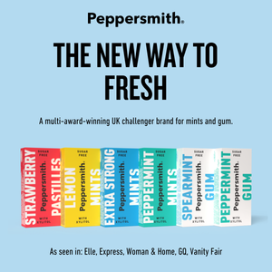 A promotional graphic for Peppersmith featuring the headline 'THE NEW WAY TO FRESH' on a light blue background, with a row of colorful product boxes below including strawberry, lemon, mint, and gum flavors. Brand text 'Peppersmith' appears at the top.