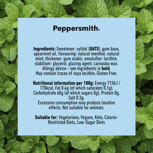 A light blue rectangular label with black text reading 'Peppersmith' and product information, centered on a background of green peppermint leaves.