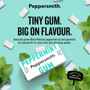 Peppersmith peppermint gum packaging shown on a light aqua background with scattered gum pieces and mint leaves. Large text reads 'TINY GUM.