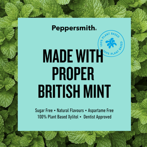 A square light aqua label with black text reading 'Peppersmith. MADE WITH PROPER BRITISH MINT' over a background of green mint leaves.